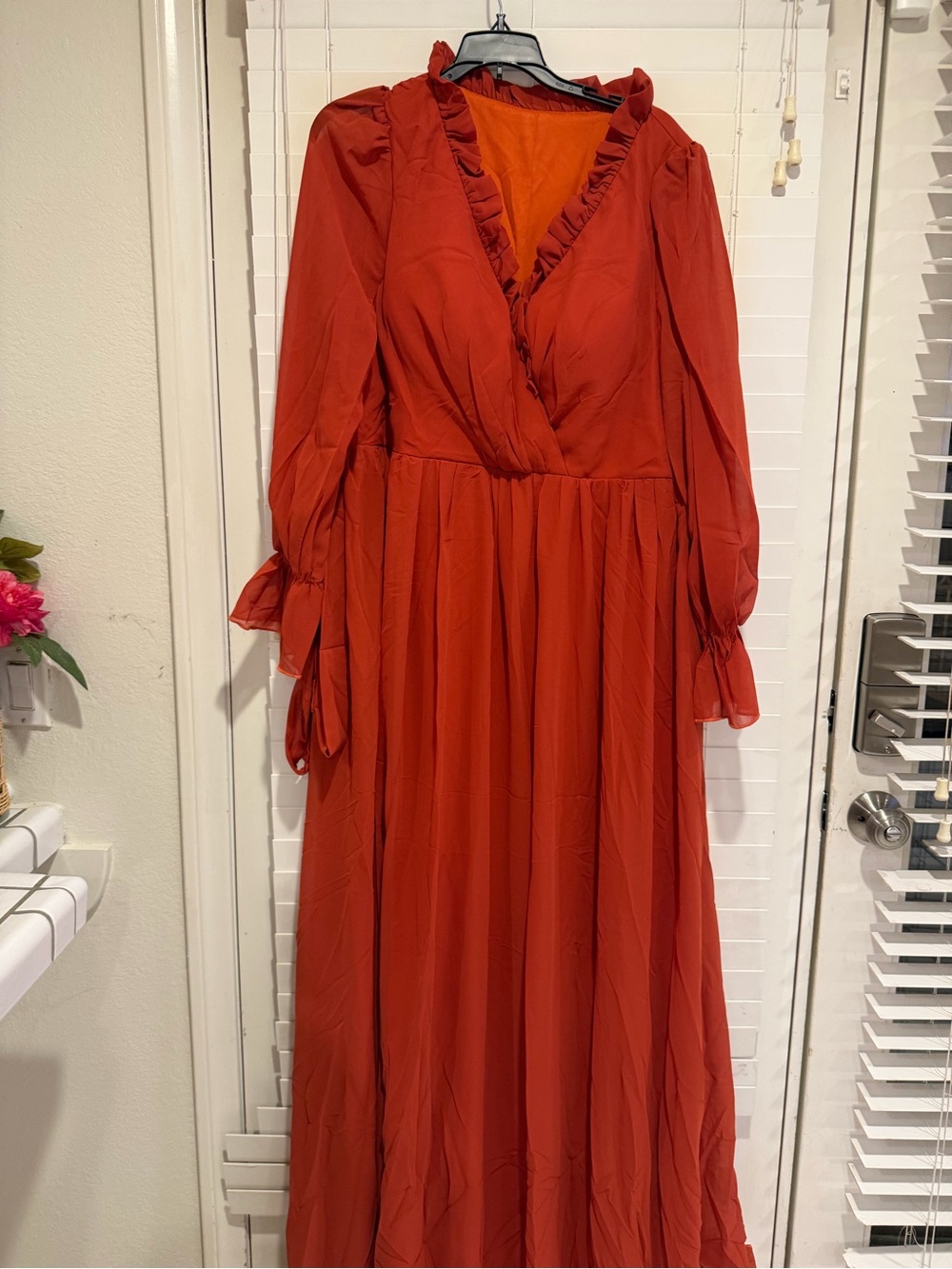 Long Ruffle-Trim Maxi Dress in Rust Red